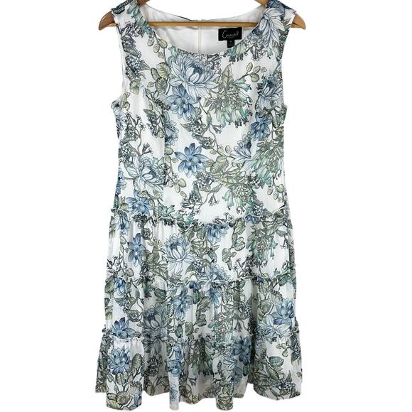 Connected Petite Tiered Chiffon Fit & Flare Blue Floral Dress Women's Size 8P - Picture 2 of 7